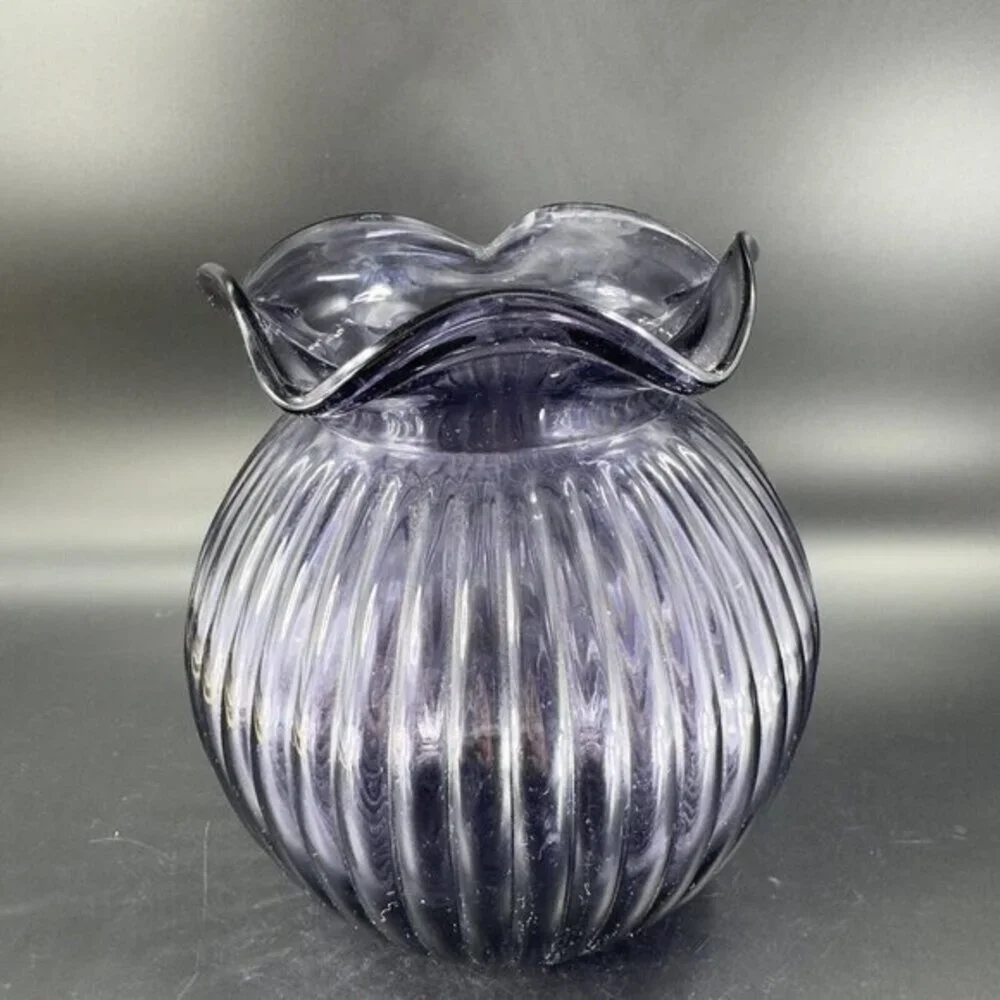 Hand Blown Art Glass‎ Purple Amethyst Vase Round Bottom Wavy Edge On Top Vintage
